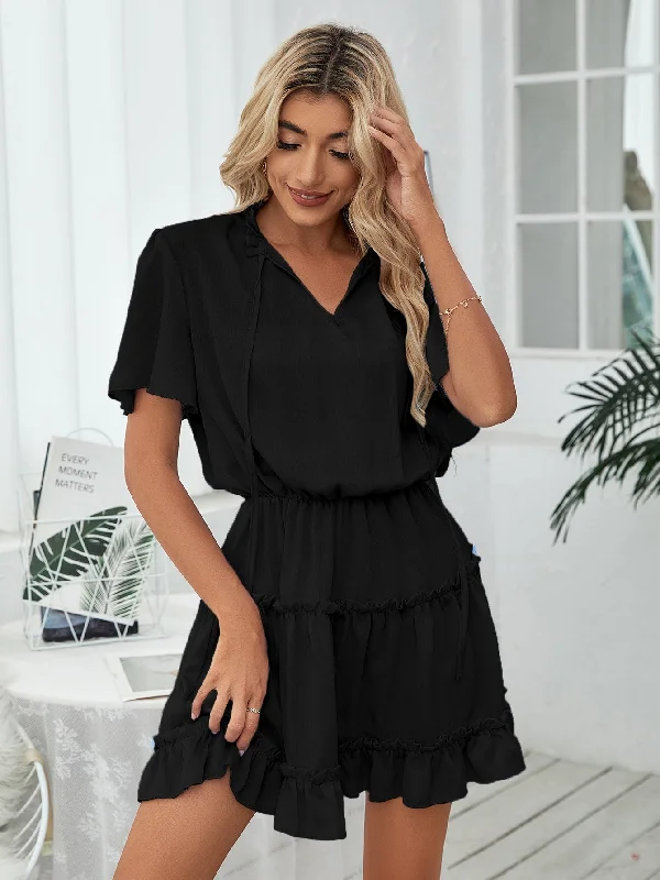 v-neck dressSlow It Down Smocked Tassel Dress - Black