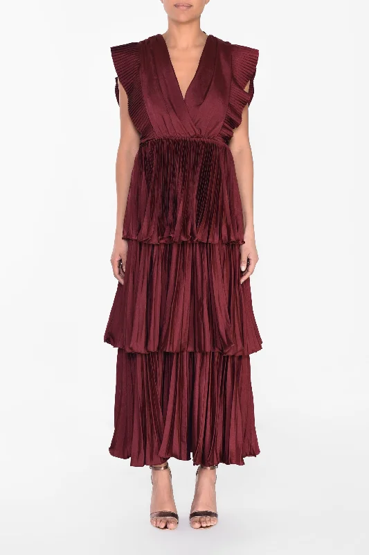 oversized dressBeatrice Burgundy Satin Pleated Tiered Dress