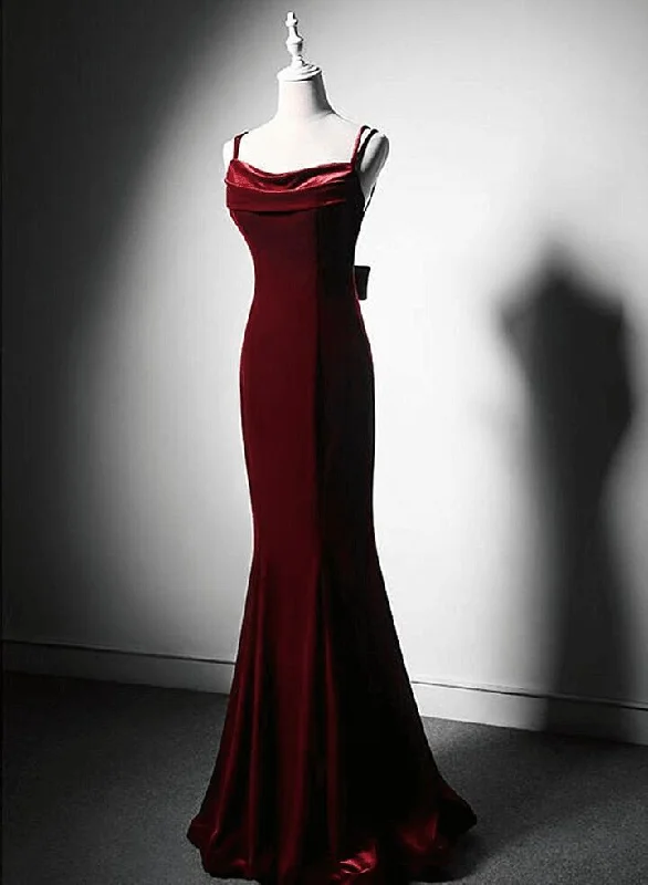 tiered dressWine Red Straps Mermaid Long Prom Dress Velvet Evening Gown, DP3295