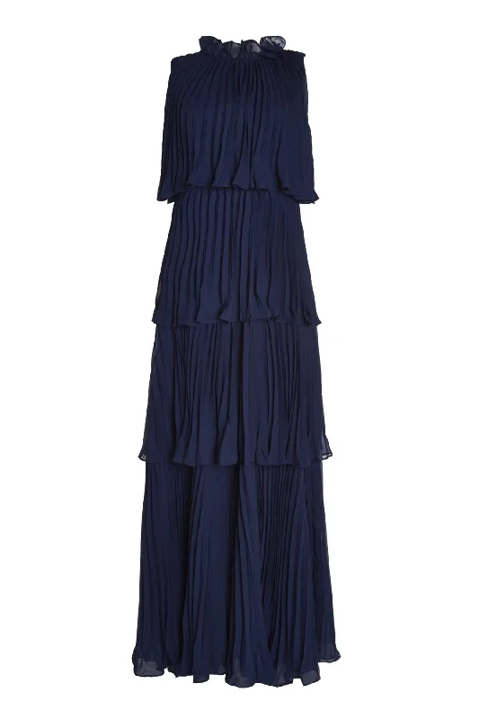 romantic dressTara Navy Tiered Pleated Maxi Dress with High Ruffle Neck