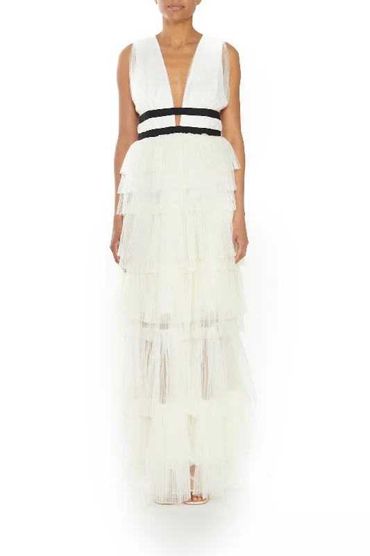 statement dressEliza Cream Plunging Neck Layered Tulle Skirt Maxi-Dress