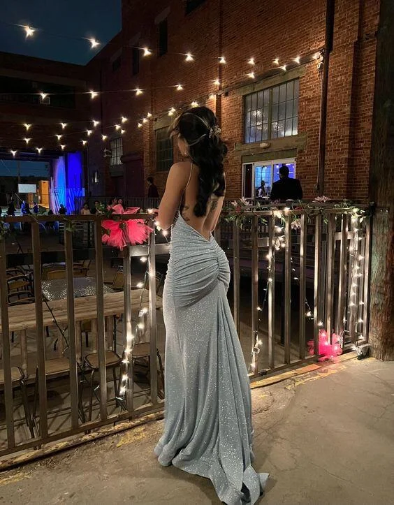 midi dressLight Blue Straps Backless Mermaid Long Party Dress, DP2914