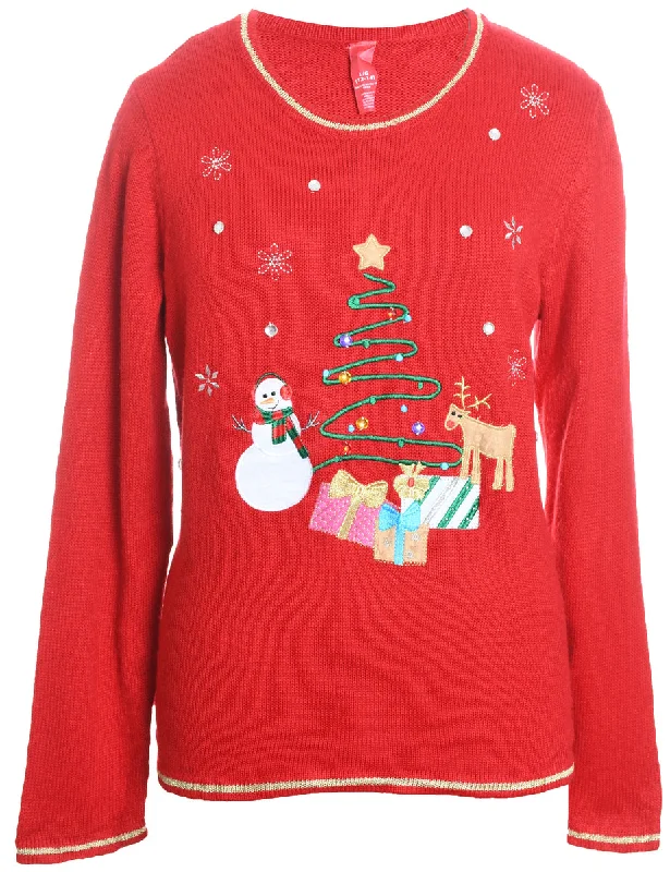 contemporary trench coatRed Embroidered Christmas Tree Design Jumper - L