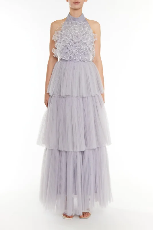 draped dressTiffany Icy Lilac Grey Tiered Ruffle Corsage Maxi Dress