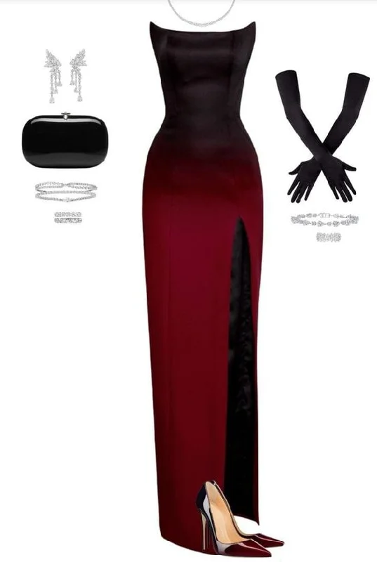 tiered dressBlack and Red Gradient Strapless Sheath Long Prom Dress with Slit, DP3470