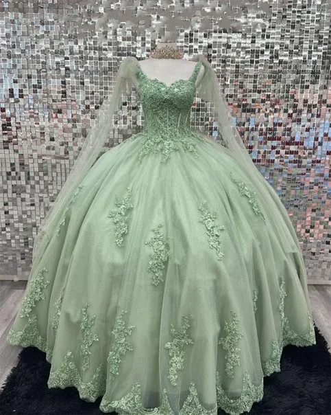 evening dressSage Green Appliques Quinceanera Dress Sweet 16 Birthday Party Ball Gown, DP3634