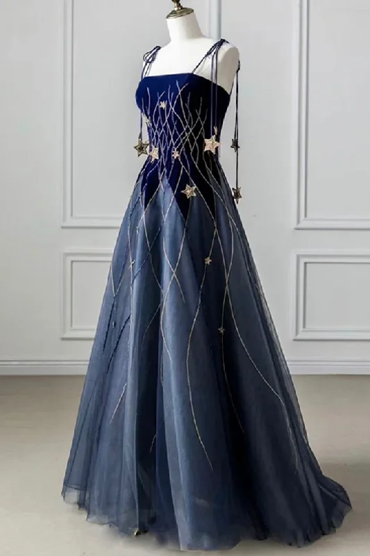 knit dressBlue Spaghetti Strap Long Prom Dress with Star, Blue Evening Party Dress, DP3184