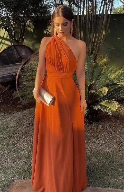 winter dressOrange One Shoulder A-Line Modest Long Party Dress, DP3389