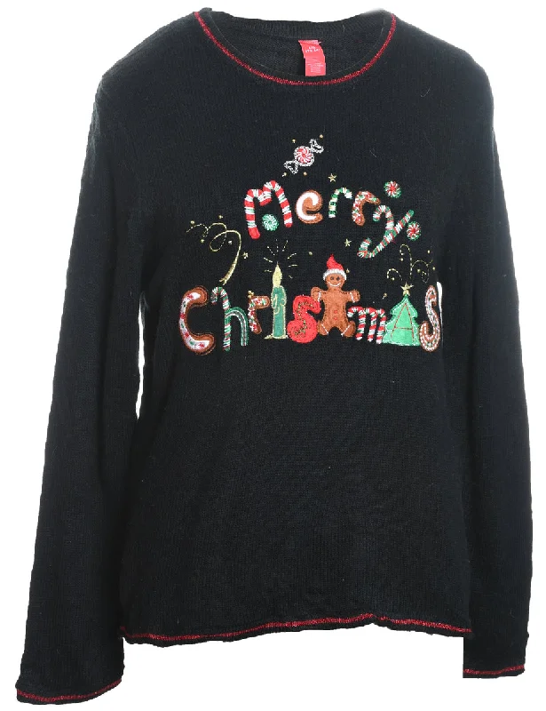 chic outerwearBlack Embroidered Merry Christmas Design Knit Jumper - L