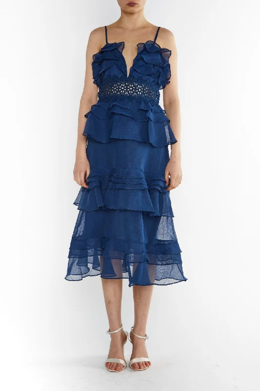 formal dressViola Navy Plunge Front Tiered Ruffle Midi Dress