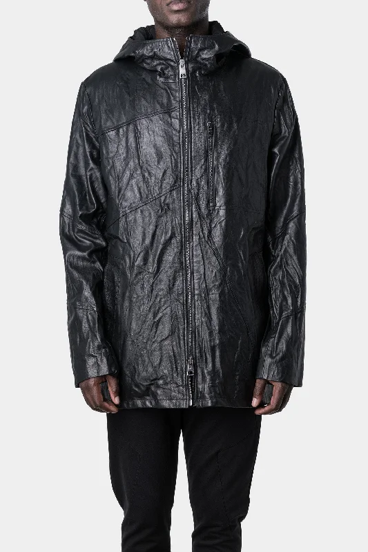 raincoatInsulated washed leather hooded zip jacket