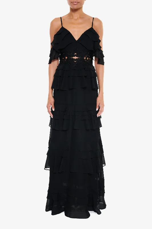 shift dressOlivia Black Cold-Shoulder Tiered Ruffle Maxi-Dress