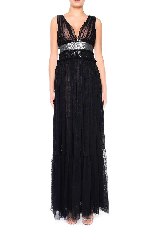 trendy mini dressEve Black Nude Plunge-Front Shimmer Belt Maxi Dress