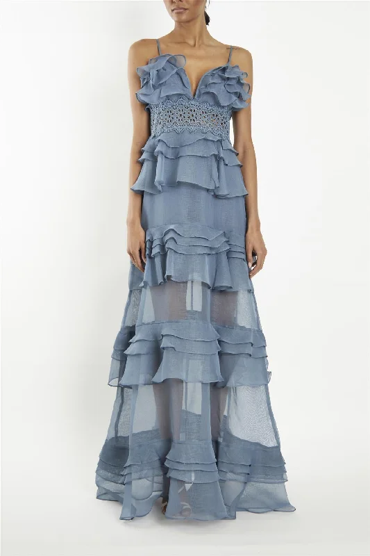 elegant maxi dressSophia Mid Steel-Blue Plunge Front Tiered Ruffle Maxi-Dress