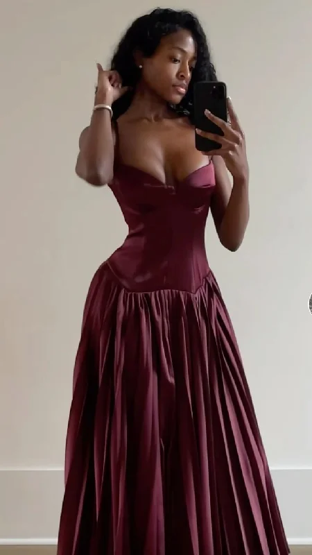 ruffle dressBurgundy Spaghetti Straps A-Line Long Party Dress Birthday Outfits, DP3334