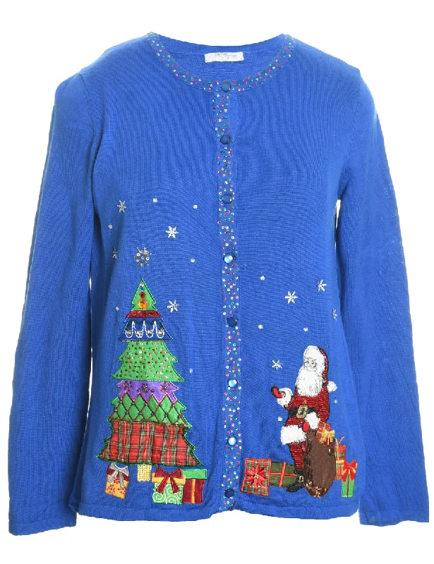 faux fur coatSanta Claus Design Blue Sparkly Christmas Cardigan - M