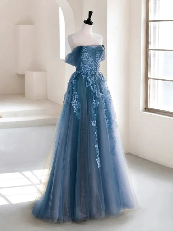 modern dressBlue Off Shoulder A-Line Tulle Appliques Long Formal Party Dress, DP3614