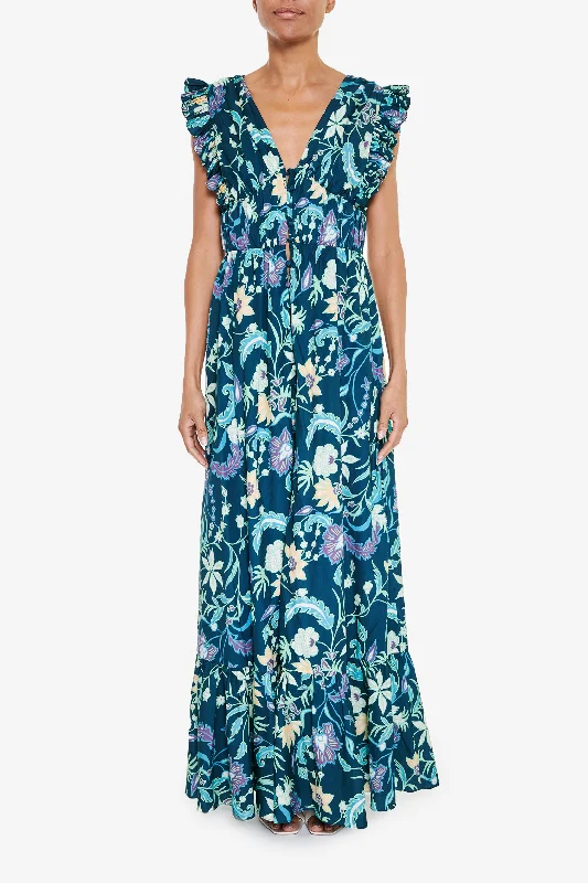 ruffle dressPetrol Blue Folk Floral Maxi Dress