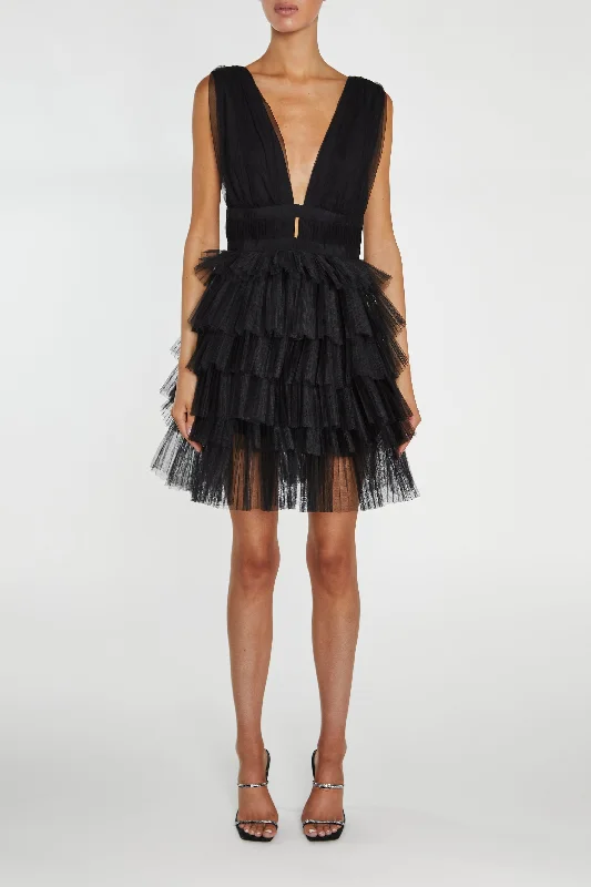 pleated maxi dressElle Black Plunge-Front Tiered Tulle Mini-Dress