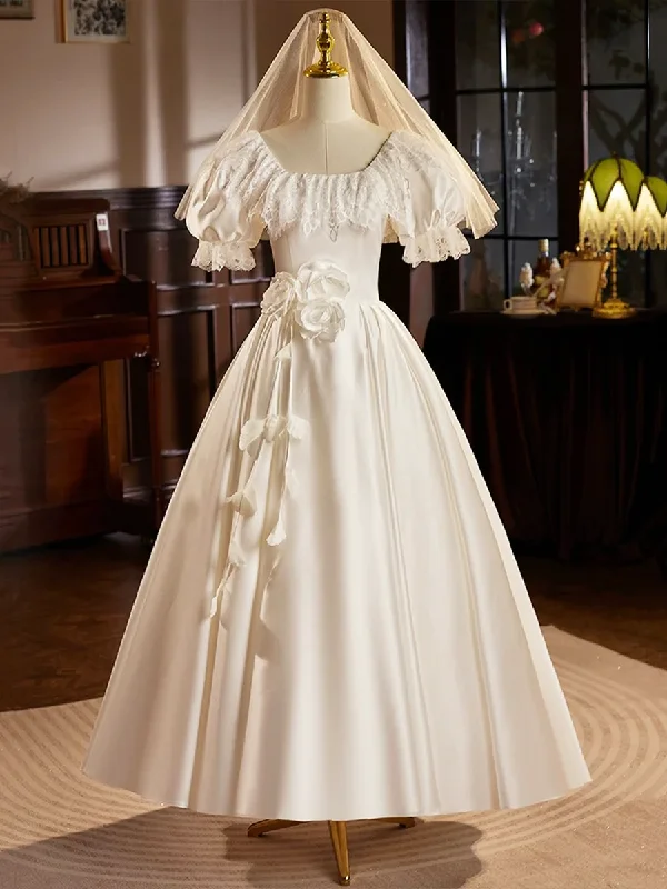 textured dressWhite Satin Short Sleeves Tea Length Lace Retro A-Line Prom Dress,DP1647