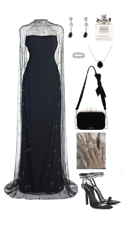 off-the-shoulder dressUnique Black Cape Sleeves Sheath Long Prom Gown Evening Dress, DP3467