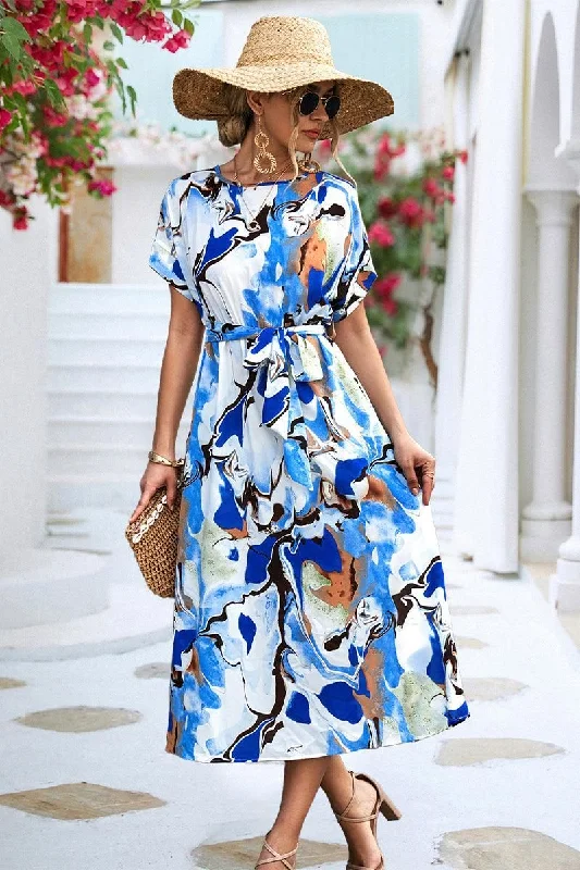 textured dressMARBLE PRINTING WAIST TIED WOMEN MIDI DRESS