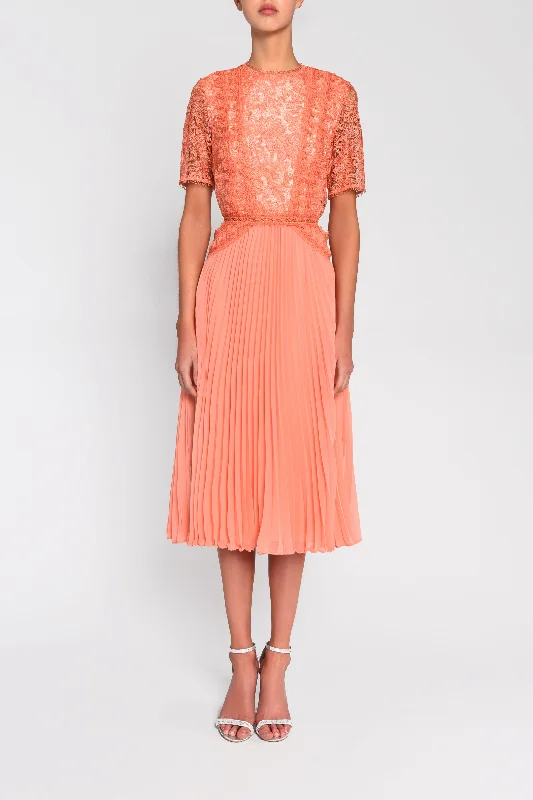 comfy dressPeach Lace Pleated Midi Dress