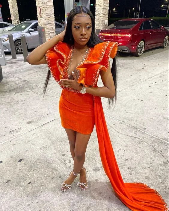 elegant evening dressOrange Velvet Short Prom Dress Beaded Ruffle Sleeve Real Picture African Dark Skin Girl Party Dress,DS5006