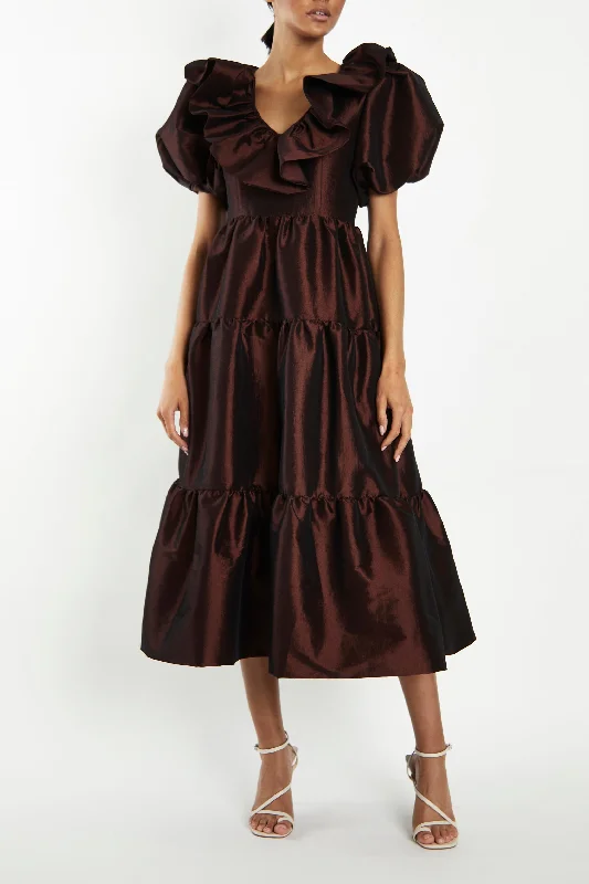 trendy mini dressAlthia Chocolate Taffeta Tiered Midaxi Dress