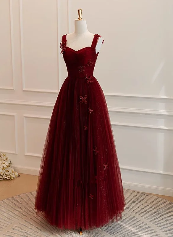 party-ready dressWine Red Straps A-Line Tulle Long Party Dress Fprmal Evening Dress, DP2933