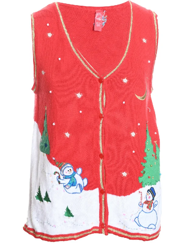 high-quality coatSnowman Design Red Embroidered Christmas Vest - L