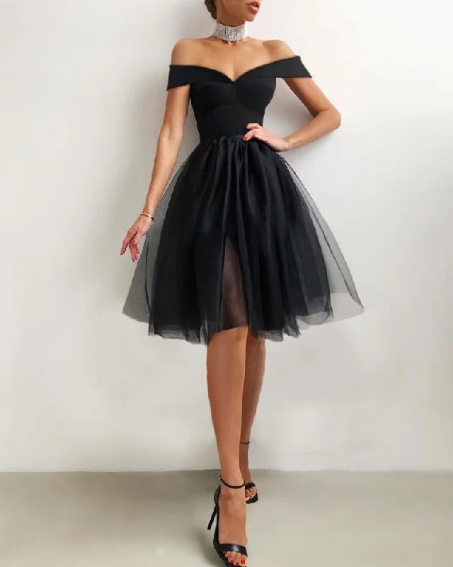 vintage-inspired dressElegant Off Shoulder Binding Layered Mesh Cocktail Dress,DS3980