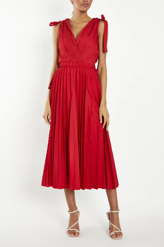 off-the-shoulder dressGwyneth Cherry Red Pleated V-Neck Midi-Dress