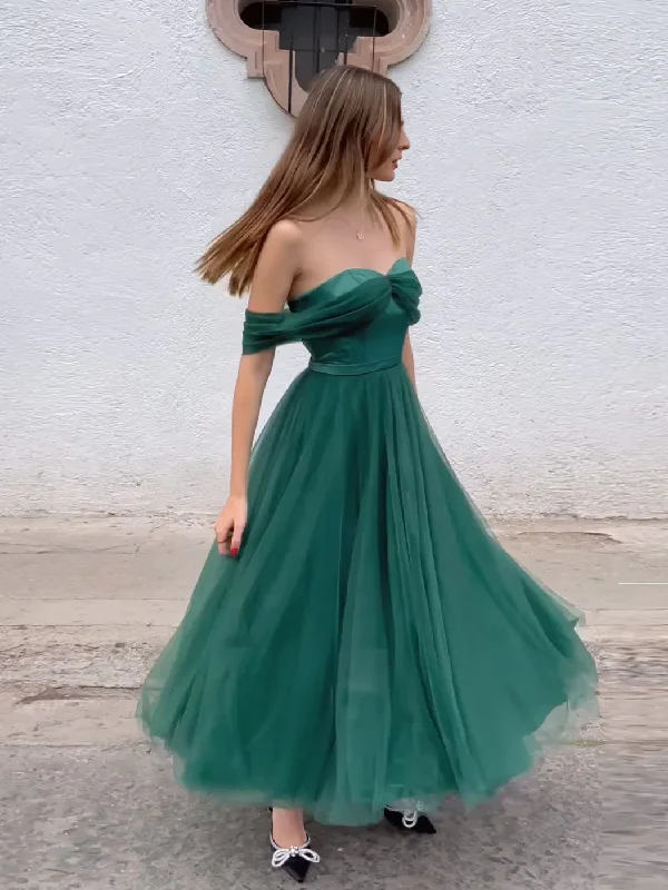 sophisticated dressGreen Off The Shoulder Tulle A-Line Prom Dress Homecoming  Dress,DP1246