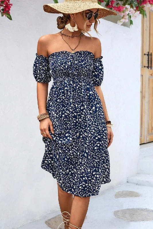 chic dressPATTERNED OFF SHOULDER PUFF SLEEVE DRESS