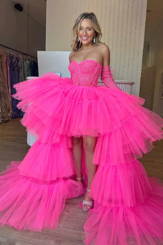 lace dressHot Pink High Low Corset Homecoming Dress with Lace Long Prom Dress,DP0193