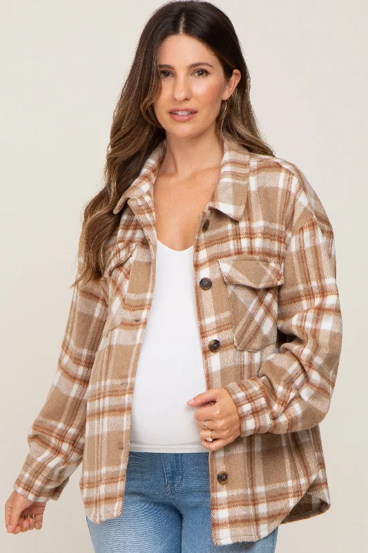 insulated winter jacketLight Mocha Plaid Front Pocket Maternity Shacket