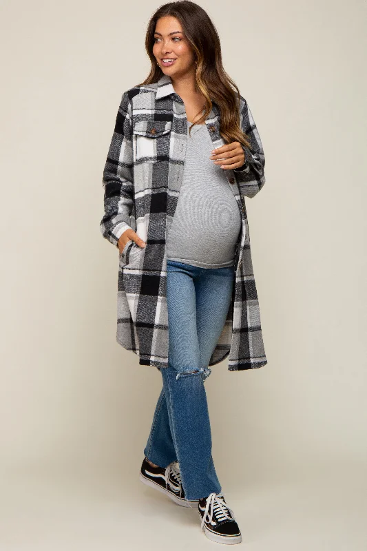 sleek and warm coatBlack Plaid Fleece Maternity Long Shirt Jacket