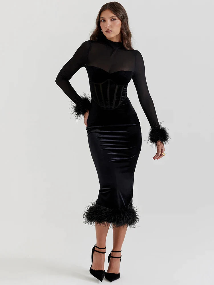 bodycon dressMarie Mae - Figure flattering velvet dress with feather details