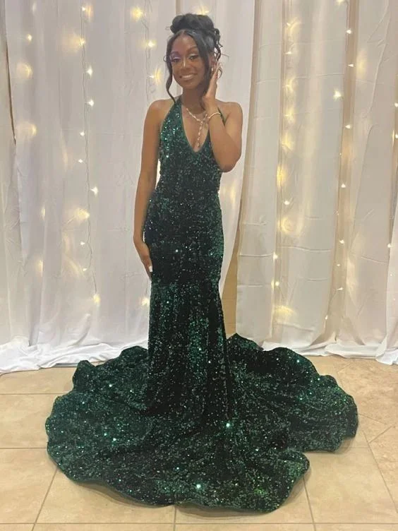 knit dressModern Green Mermaid V-Neck Long Prom Dress Sequin Evening Gowns, DP3301