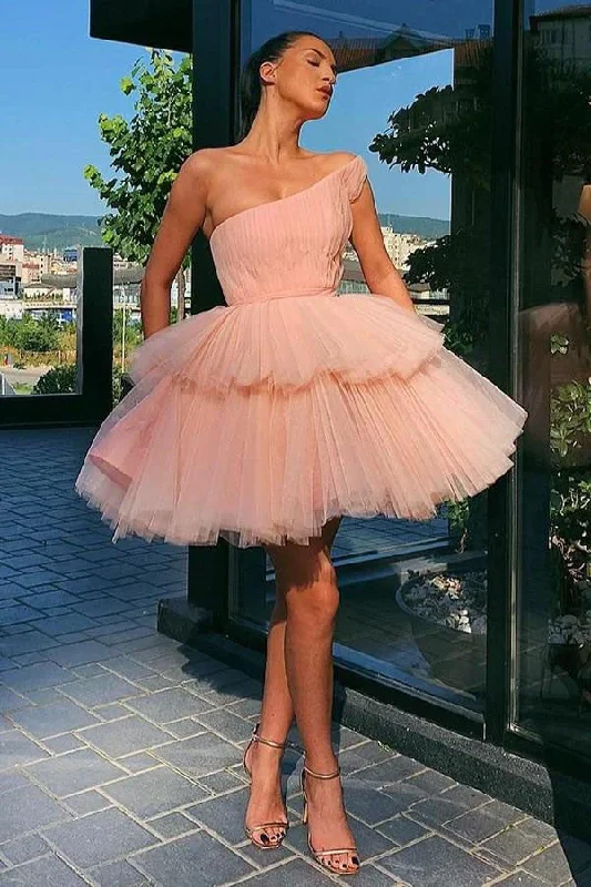 flowy evening dressA Line One Shoulder Pink Tulle Cocktail Dresses With Layers Skirt, Homecoming Dress,EQ9669