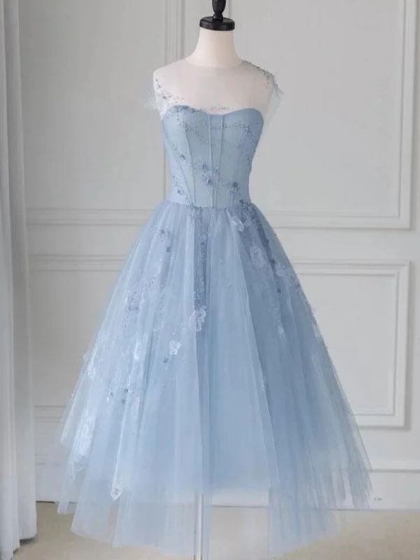 stylish dressBlue round neck tulle lace short prom dress, blue homecoming dress,DS1978