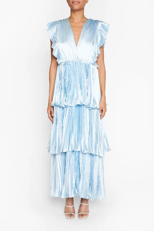 denim dressBeatrice Blue Satin Pleated Tiered Dress