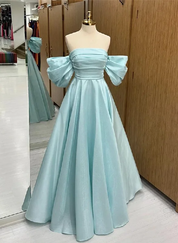 elegant maxi dressLight Blue Off Shoulder Satin Long Prom Dress Graduation Dress, DP3505