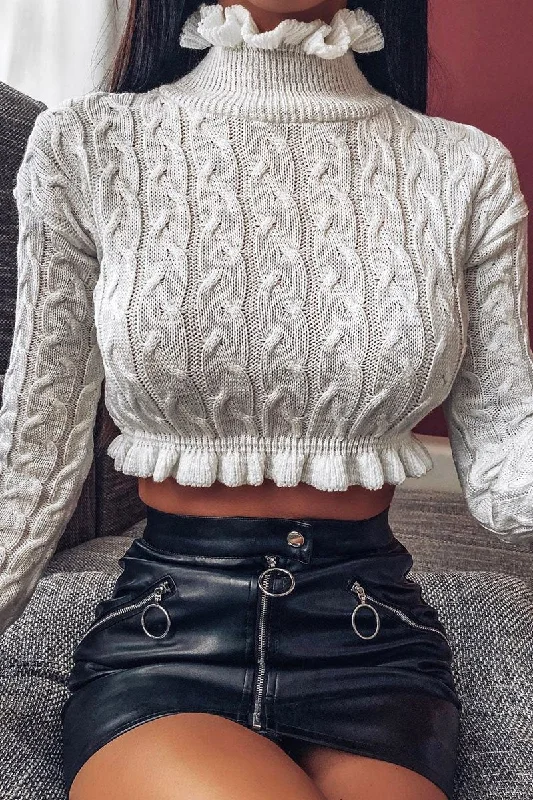 casual sweatshirtCream Cable Knit Frill Neck Jumper - Jacie