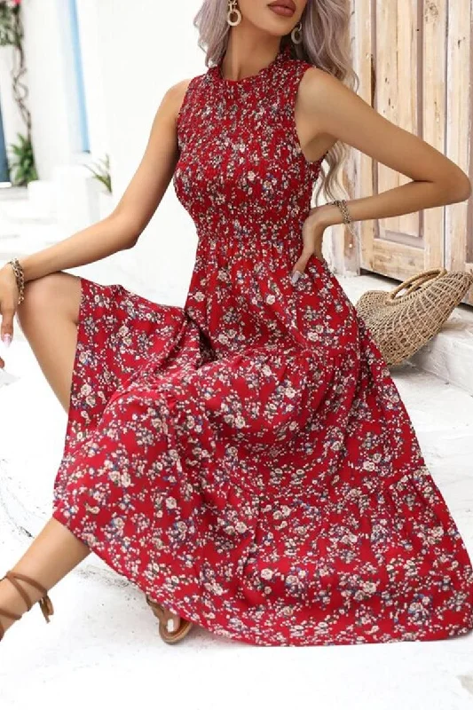 one-shoulder dressWOMEN FLORAL PRINTING SLEEVELESS MID DRESS