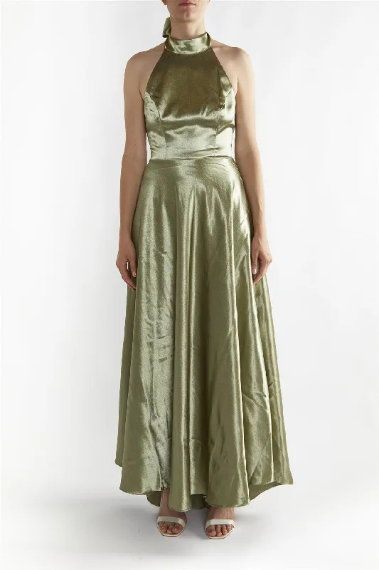 fitted cocktail dressCleo Sage-Green Halterneck Bias-Cut Maxi-Dress