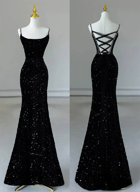 cocktail dressBlack Spaghetti Straps Mermaid Sequined Long Party Dress, DP3610