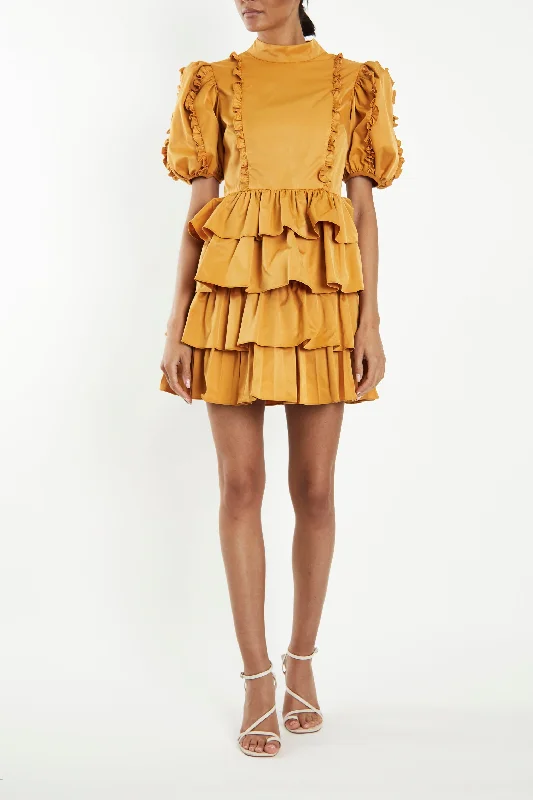 casual evening dressLucy Mustard High-Neck Statement Sleeve Mini-Dress